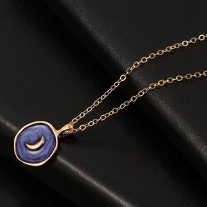 Gold Blue Enamel Moon Necklace